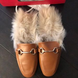 Never worn furry mules
